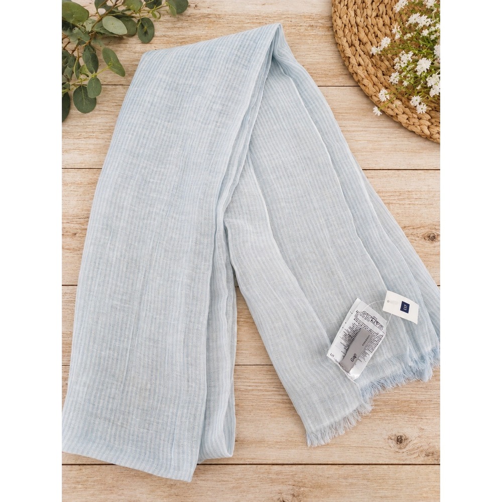 Gap Scarf Womens One Size Blue Striped Linen Blend Frayed Edge 24x80